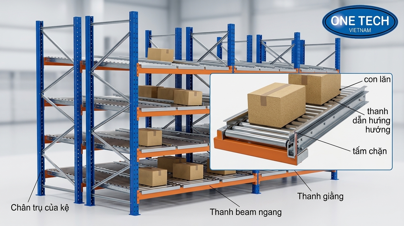 Cấu tạo kệ con lăn flowrack gồm chân trụ thanh beam con lăn thanh dẫn hướng và tấm chặn