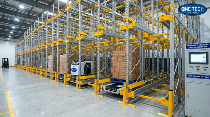 Cấu tạo hệ thống kệ Radio Shuttle Quảng Ninh gồm khung kệ ray dẫn hướng và robot shuttle