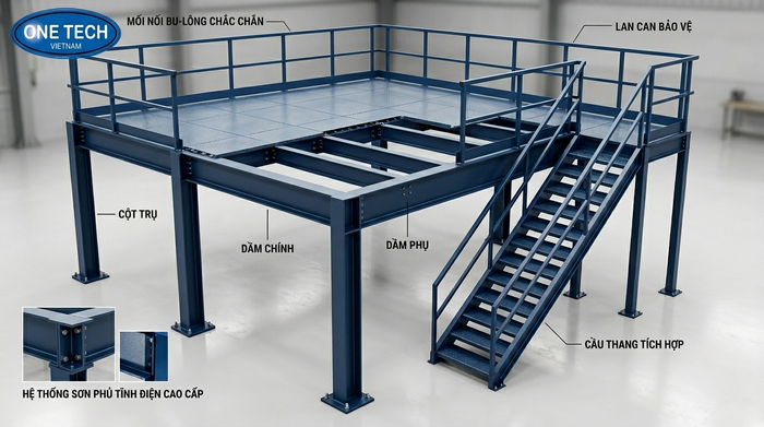 Cấu tạo kệ sàn mezzanine Quảng Ninh Cấu tạo kệ sàn mezzanine gồm cột trụ beam mặt sàn lan can và cầu thang
