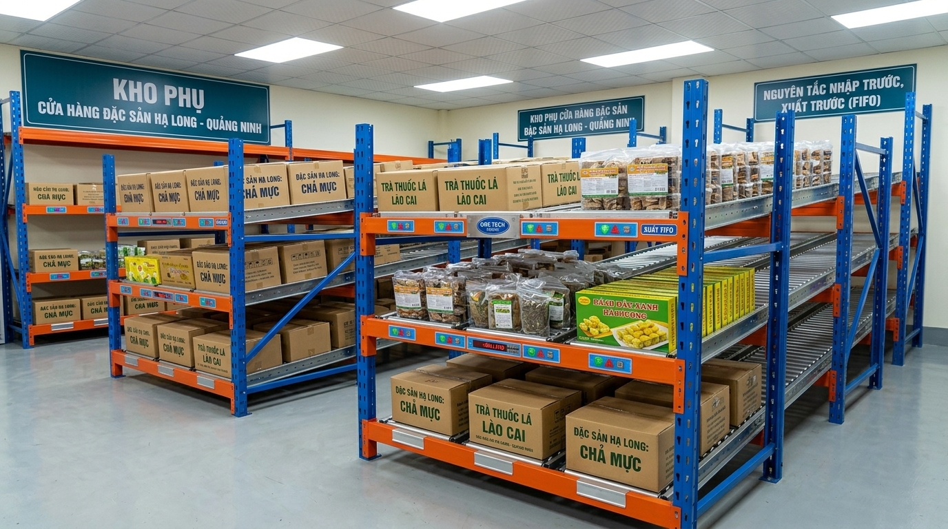 Kệ con lăn flowrack cho kho phụ cửa hàng du lịch tại Hạ Long Quảng Ninh