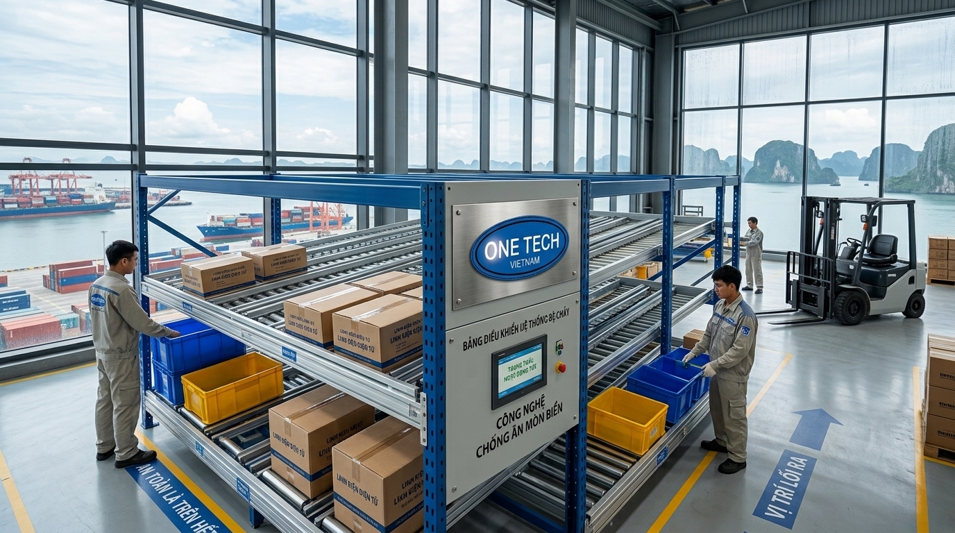 Kệ flow rack chịu ăn mòn biển phù hợp kho ven biển Quảng Ninh