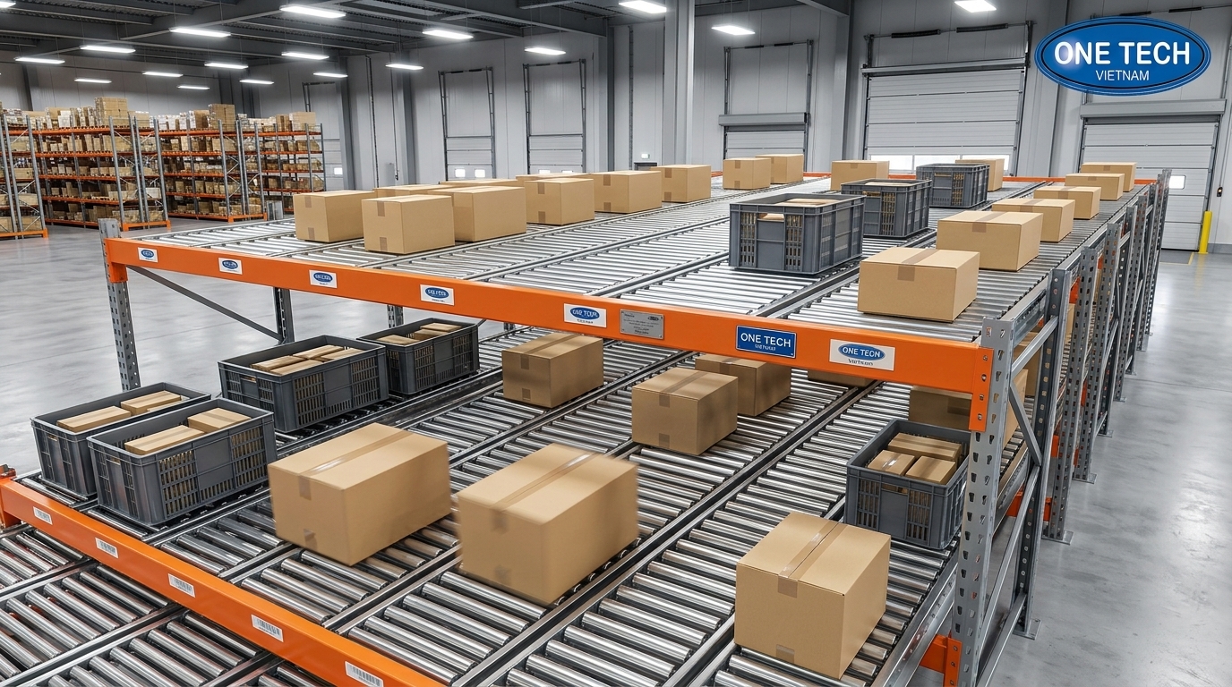 Kệ Flow racks Quảng Ninh hoạt động theo nguyên tắc hàng tự trôi trên con lăn