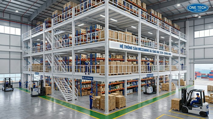 Kệ sàn mezzanine Quảng Ninh trong kho công nghiệp Hình ảnh thực tế kệ sàn mezzanine Quảng Ninh trong kho công nghiệp