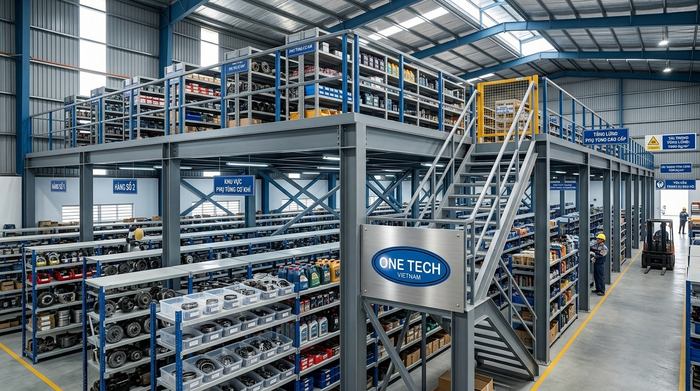 Kết hợp kệ trung tải trên sàn mezzanine Kết hợp kệ trung tải trên sàn mezzanine cho kho phụ tùng