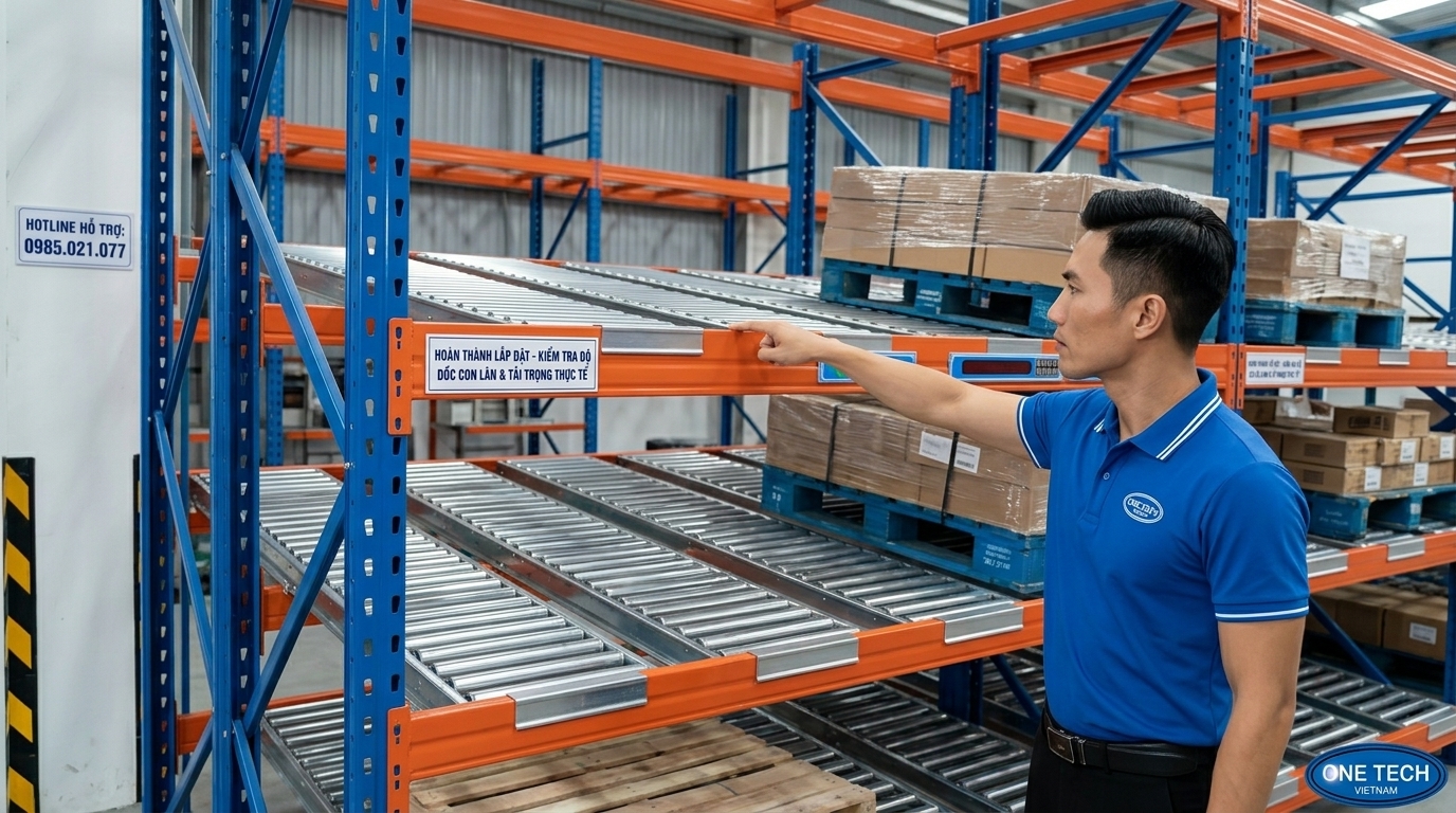 Lắp đặt kệ Flow racks Quảng Ninh cần kiểm tra độ dốc con lăn và tải trọng thực tế