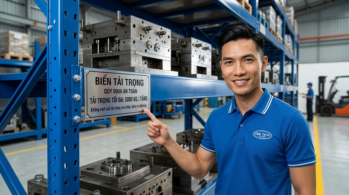 Biển tải trọng trên kệ khuôn giúp vận hành an toàn
