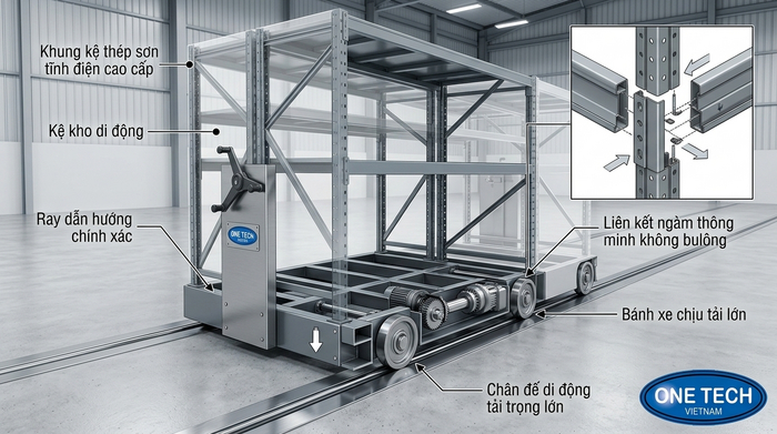 Cấu tạo kệ kho di động có ray trượt Cấu tạo kệ kho di động có ray trượt gồm khung kệ ray và đế di chuyển