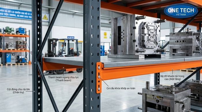 Cấu tạo kệ khuôn chịu tải nặng gồm chân trụ thanh beam và mặt tầng