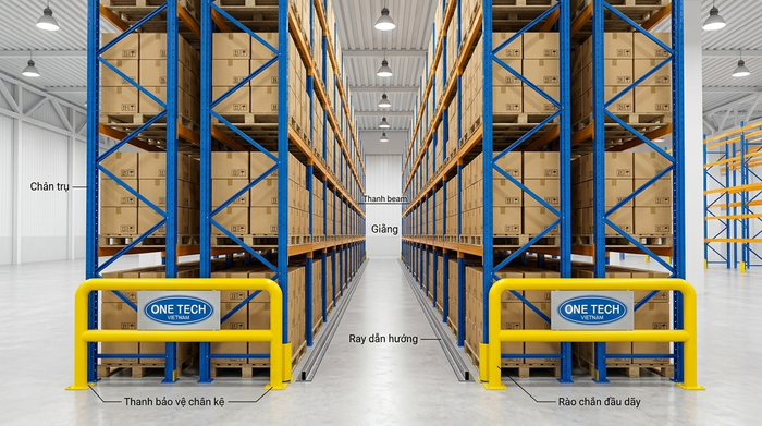 Cấu tạo khung kệ Narrow Aisle gồm chân trụ beam giằng và phụ kiện an toàn