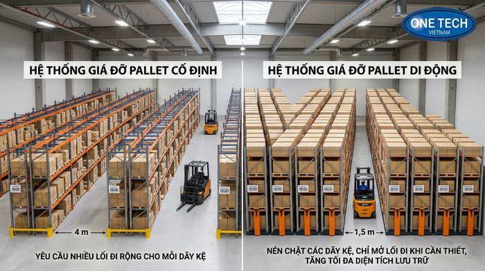 So sánh kệ kho di động và kệ kho cố định So sánh kệ kho di động và kệ cố định trong cùng diện tích kho