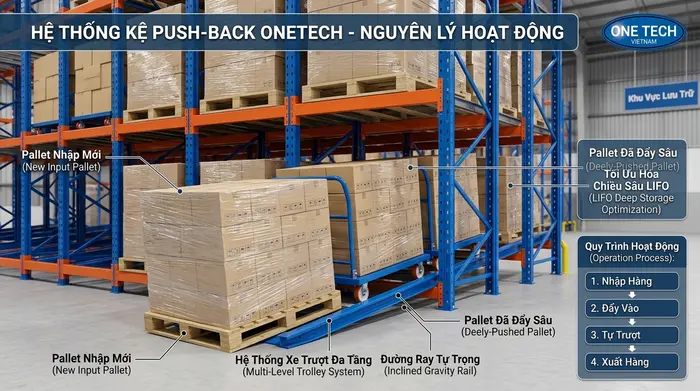 Nguyên lý hoạt động của kệ push back Quảng Ninh trong kho pallet