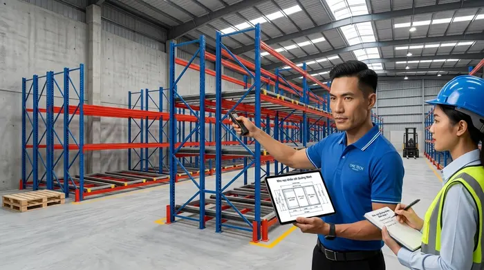 Khảo sát lắp đặt kệ push back Quảng Ninh tại kho công nghiệp