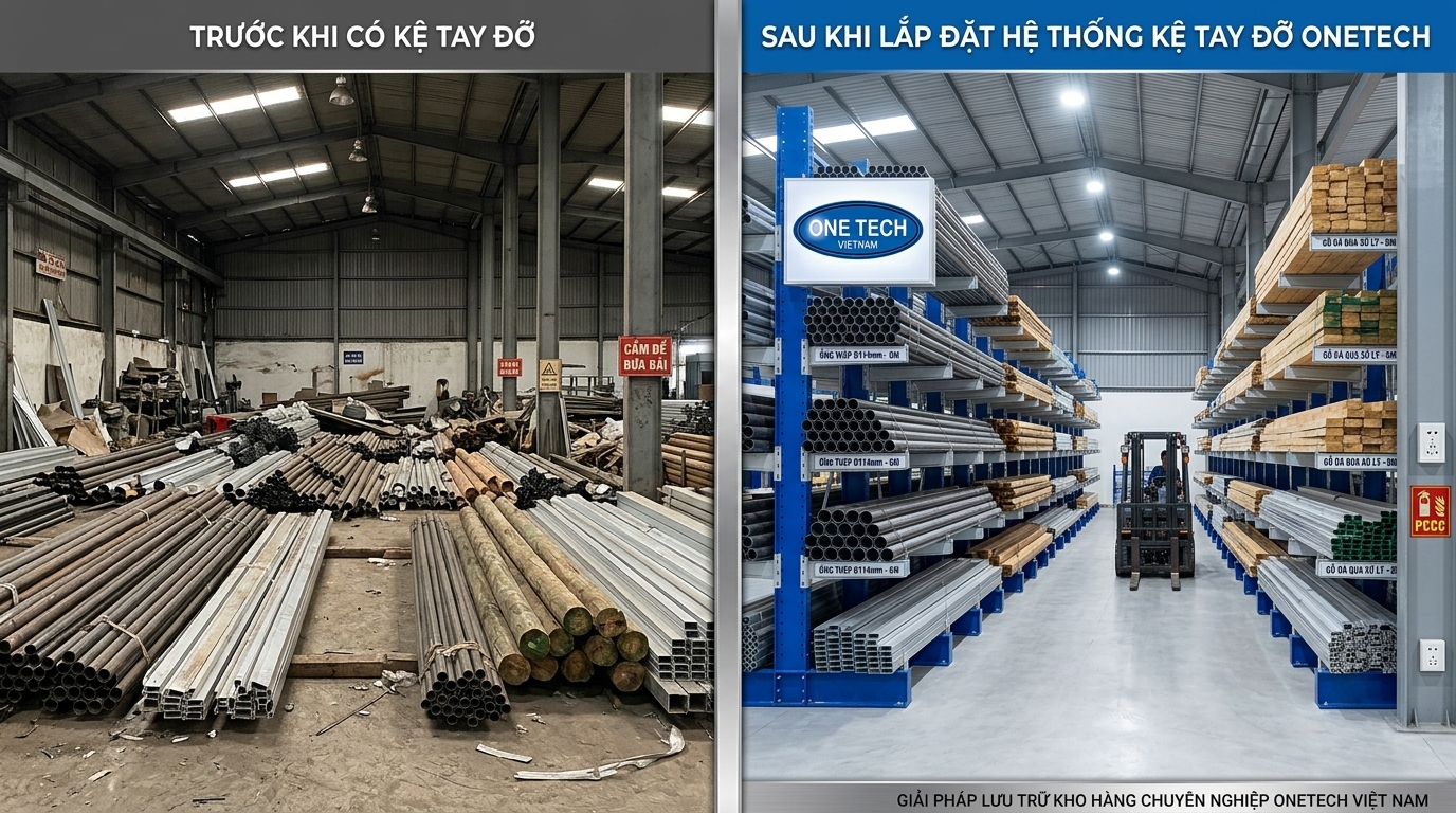 Kho trước và sau khi lắp kệ tay đỡ Quảng Ninh