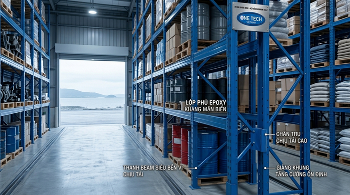 Khung kệ thép phủ sơn epoxy bảo vệ trước muối biển cho kho ven biển Quảng Ninh