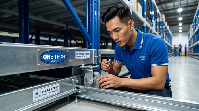 Kiểm tra ray và bánh xe kệ kho di động Kiểm tra ray và bánh xe kệ kho di động để đảm bảo vận hành an toàn
