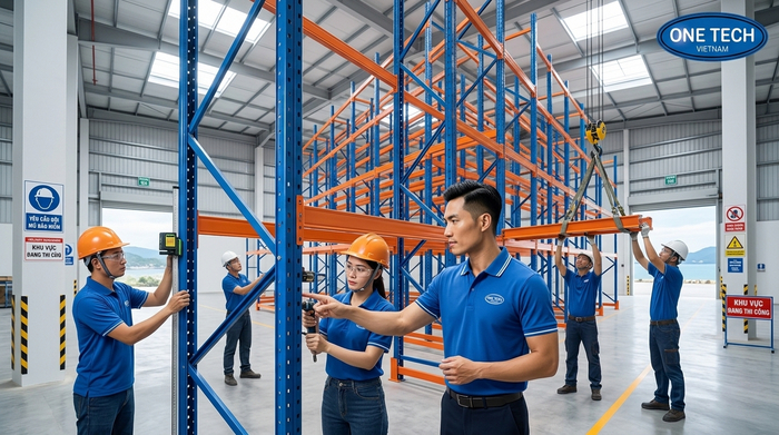 Đội kỹ thuật lắp đặt Kệ Narrow Aisle tại kho hàng Quảng Ninh