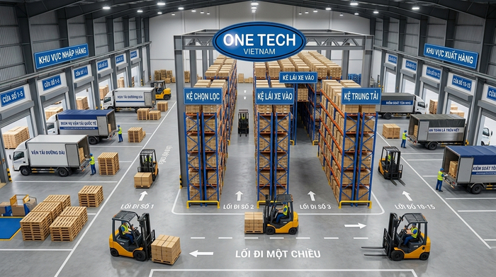 Phân luồng xe nâng an toàn trong kho trung chuyển Phân luồng xe nâng trong kho trung chuyển giúp giảm va chạm và tăng tốc độ xuất nhập