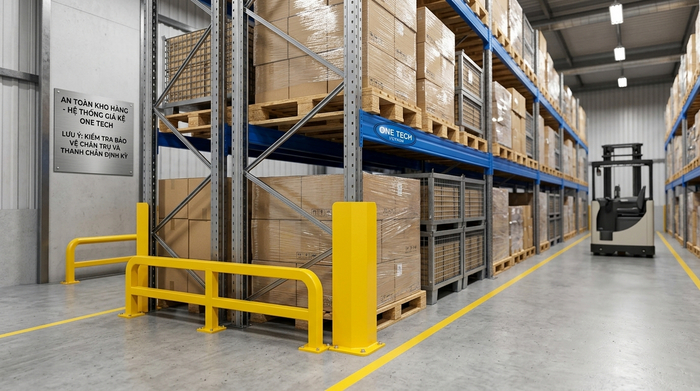 Phụ kiện an toàn cho kệ kho công nghiệp gồm bảo vệ chân trụ và thanh chắn
