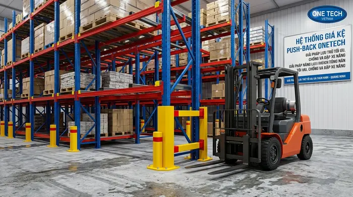Phụ kiện bảo vệ chân trụ kệ push back Quảng Ninh trong kho xe nâng