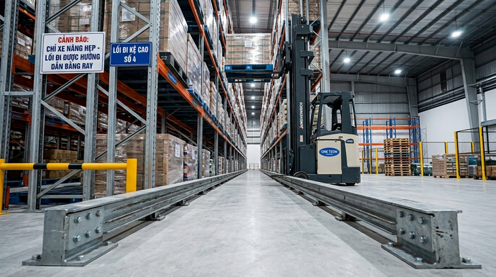Ray dẫn hướng hỗ trợ xe nâng vận hành trong lối đi hẹp của kệ Narrow Aisle