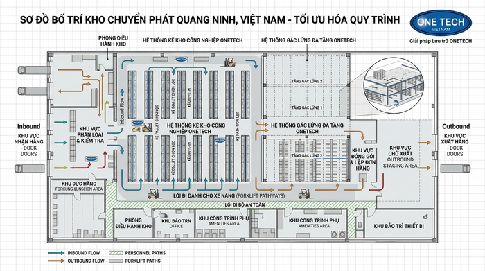 Bố trí mặt bằng kho trung chuyển tối ưu luồng hàng Sơ đồ bố trí giải pháp lưu trữ cho kho trung chuyển Quảng Ninh
