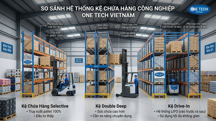 So sánh các loại kệ kho pallet So sánh kệ Double Deep với kệ Selective và Drive In cho kho Quảng Ninh
