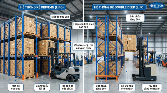 So sánh kệ Drive In và Double Deep trong kho pallet