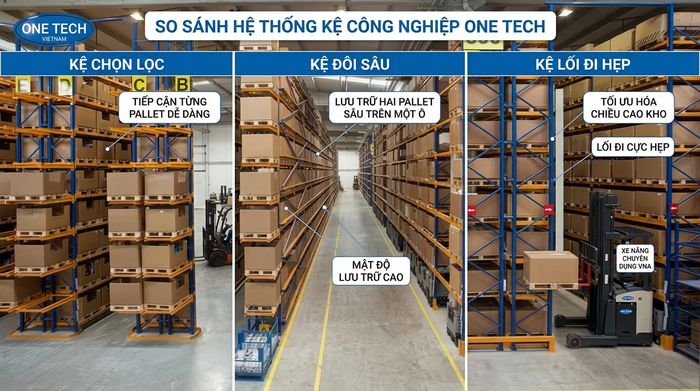 So sánh Kệ Narrow Aisle với kệ Selective và kệ Double Deep trong kho hàng