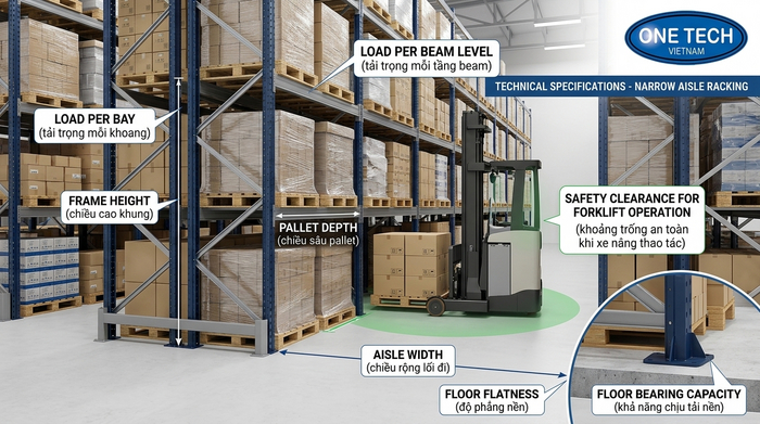 Thông số kỹ thuật cần kiểm tra khi thiết kế Kệ Narrow Aisle Quảng Ninh