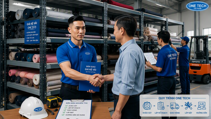 Bàn giao kệ để vải cho kho may mặc