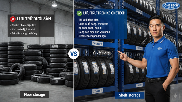 So sánh xếp lốp dưới sàn và dùng kệ lưu trữ So sánh xếp lốp dưới sàn và dùng kệ lưu trữ