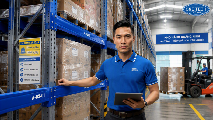 Xe nâng hàng vận hành cùng kệ pallet racking trong kho Quảng Ninh