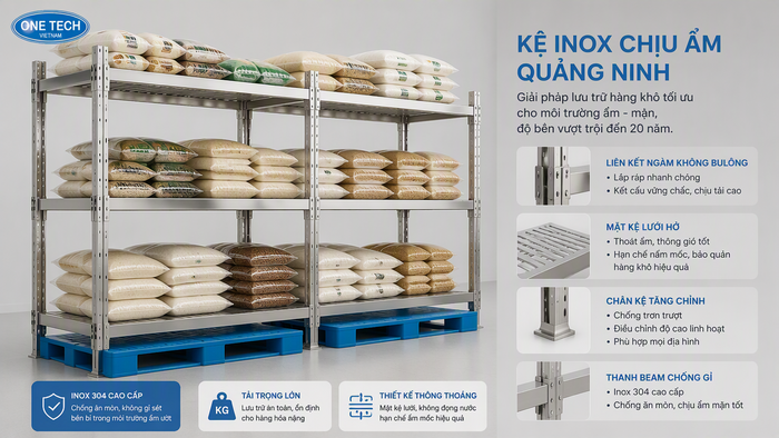 Kệ inox chịu ẩm Quảng Ninh cho kho nông sản sạch Kệ inox chịu ẩm Quảng Ninh phù hợp kho thực phẩm khô và khu vực độ ẩm cao