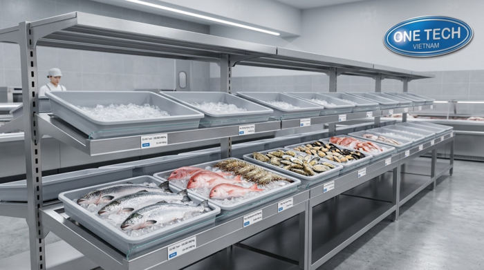 Kệ inox và khay nhựa cho hải sản tươi sống Kệ inox và kệ khay nhựa dùng cho khu trưng bày hải sản