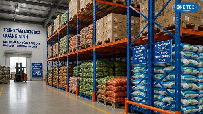 Kệ kho nông sản Quảng Ninh trong kho hàng pallet Tổng quan hệ thống kệ kho nông sản Quảng Ninh dùng cho hàng pallet và bao tải